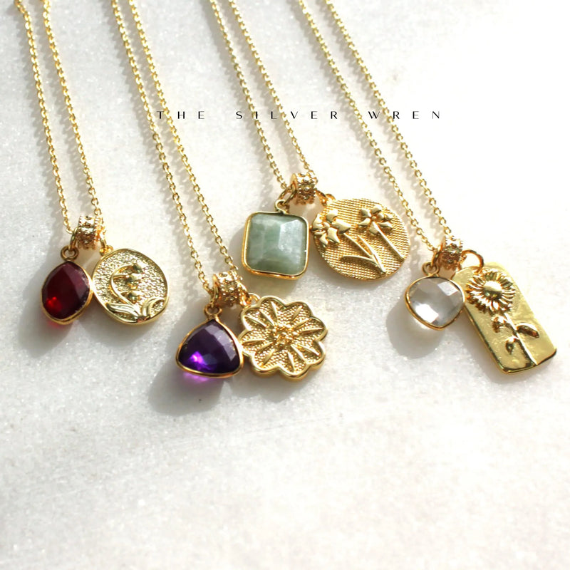 Birthstone and Flower Pendant Necklace