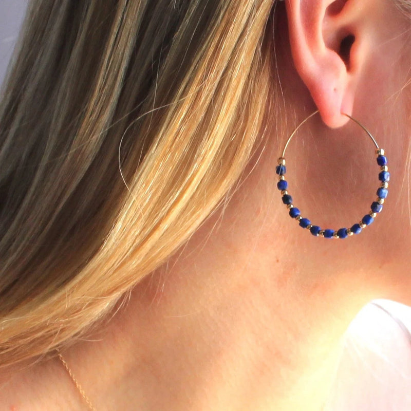 Beaded Lapis Lazuli Hoop Earrings