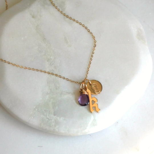 Birth Flower, Stone, and Initial Necklace