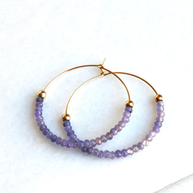 Beaded Tanzanite Hoop Earrings