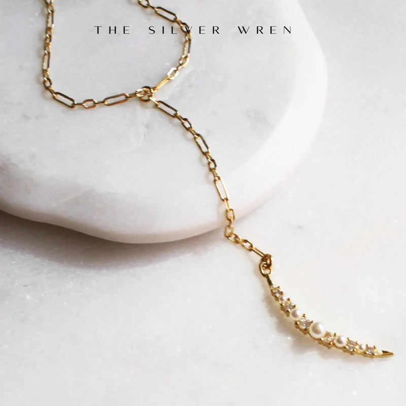 Pearl and CZ Moon Lariat Necklace