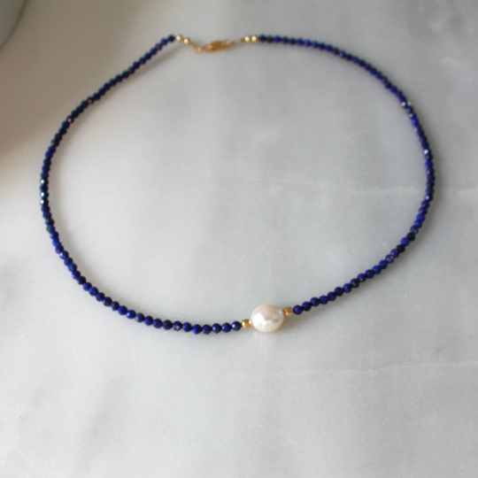 Natural Beaded Lapis Lazuli & Pearl Necklace
