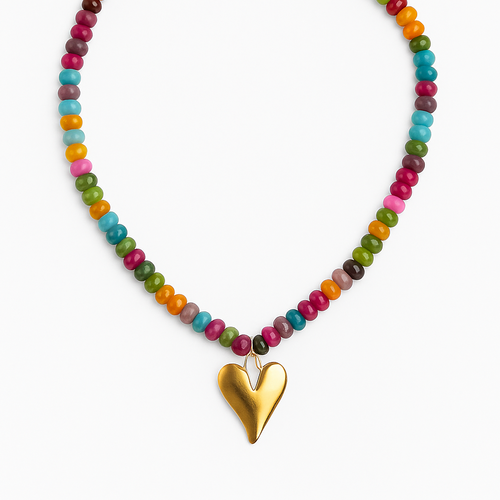 Colorful beaded necklace with a gold heart pendant on a white background