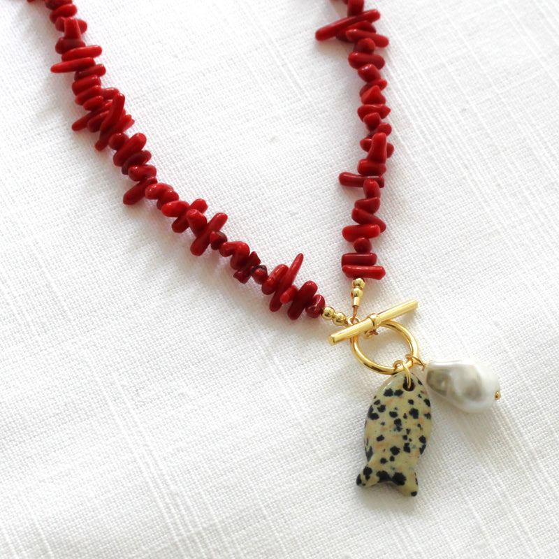 Red Coral & Fish Beaded Necklace
