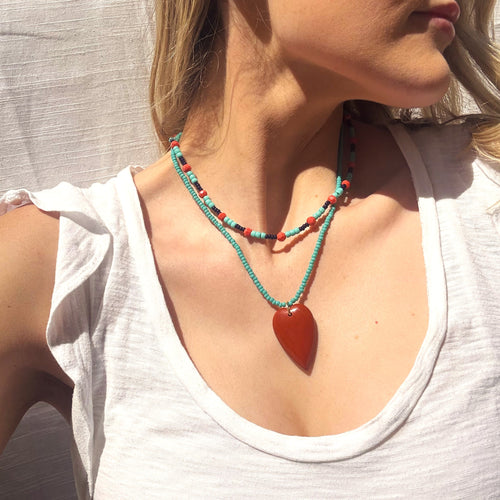 Red, Turquoise, Navy Beaded Necklace