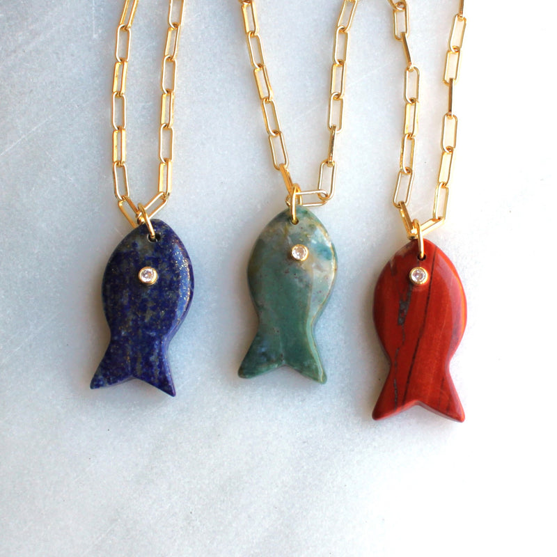 Large Gemstone Fish Pendant Necklace
