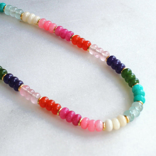 Colorful beaded necklace on a white surface