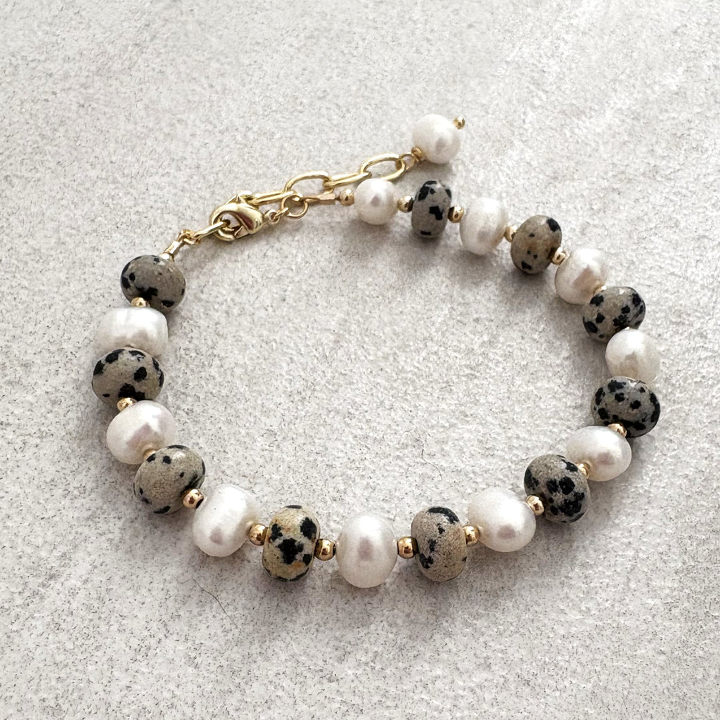 Freshwater Pearl & Dalmatian Jasper Stone Beaded Bracelet