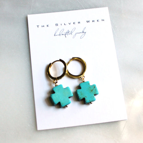 Turquoise Cross Huggie Hoops