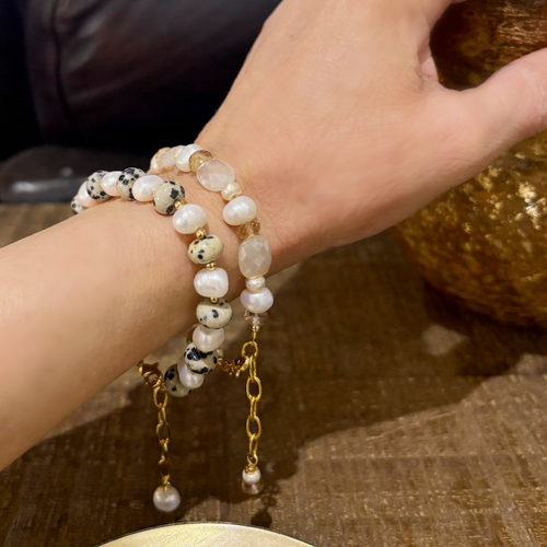 Freshwater Pearl & Dalmatian Jasper Stone Beaded Bracelet
