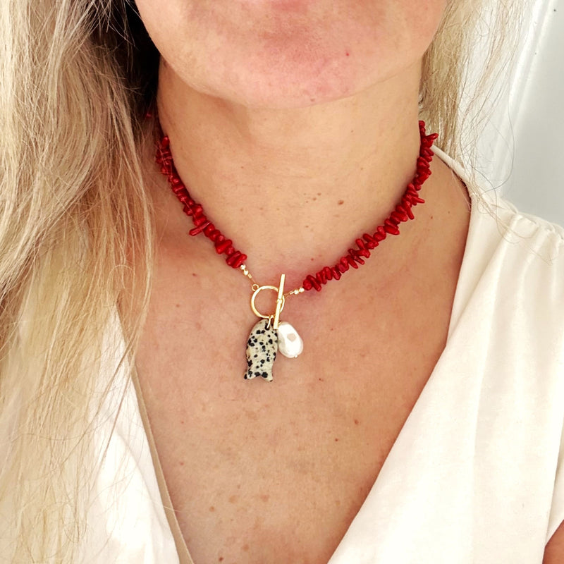 Red Coral & Fish Beaded Necklace