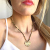 Gold Heart Pendant Necklace with Green & Gold Beaded Chain