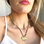 Gold Heart Pendant Necklace with Green & Gold Beaded Chain