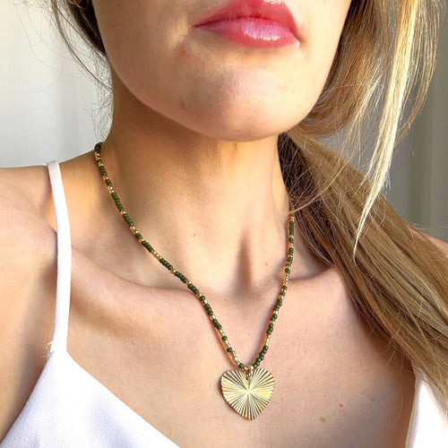 Gold Heart Pendant Necklace with Green & Gold Beaded Chain