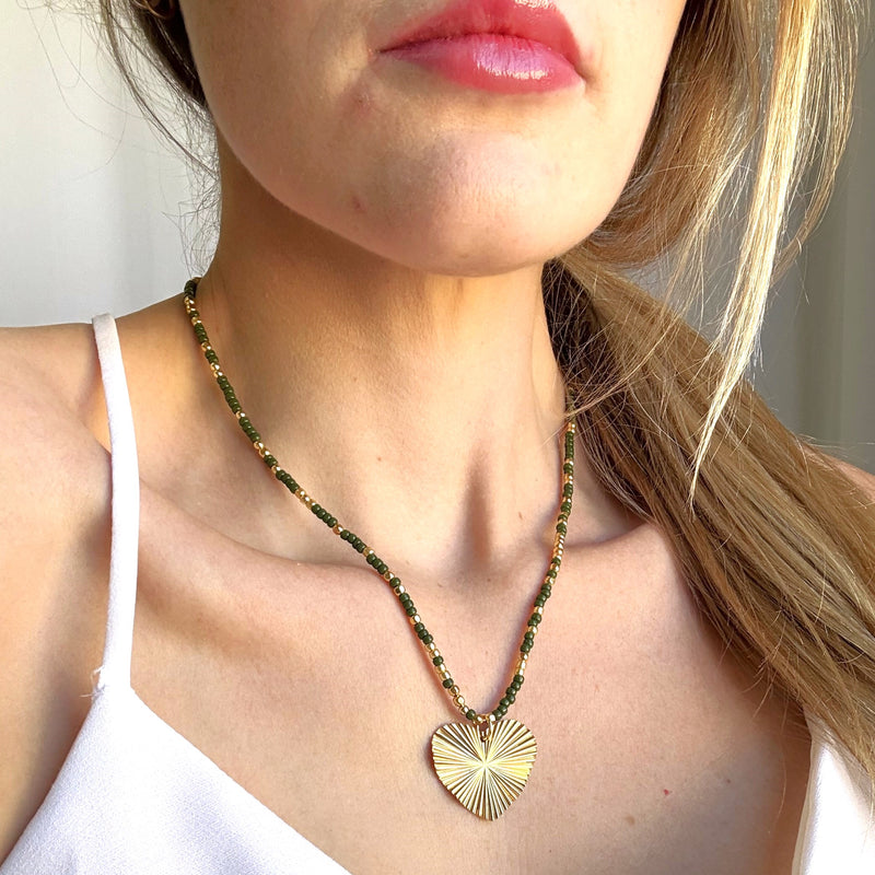 Gold Heart Pendant Necklace with Green & Gold Beaded Chain