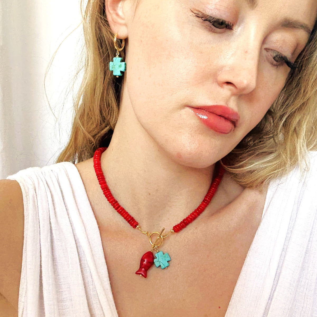 Turquoise Cross Huggie Hoops