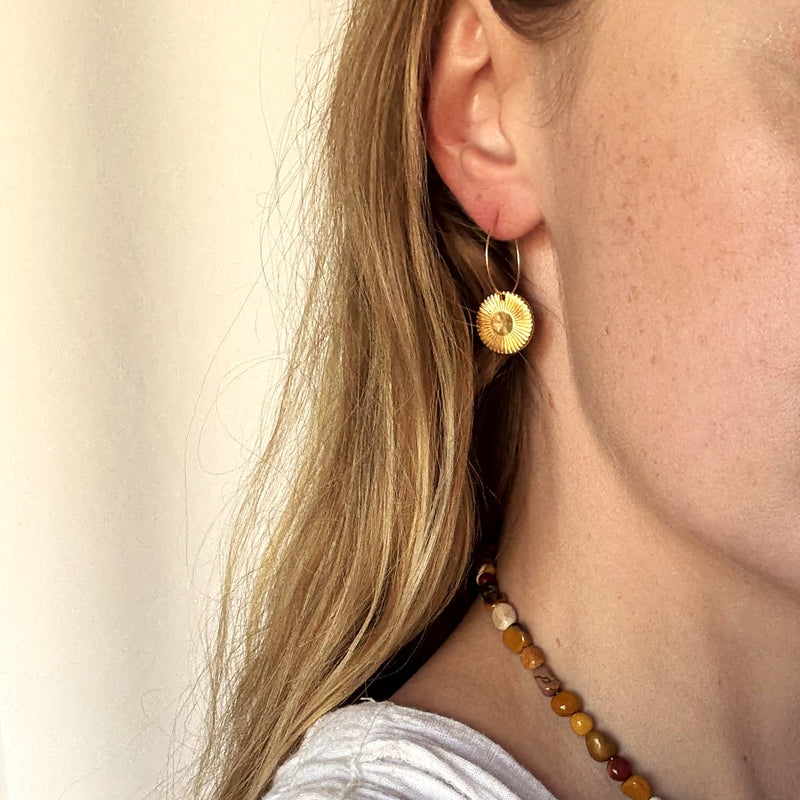 Gold Sunburst Drop Hoops