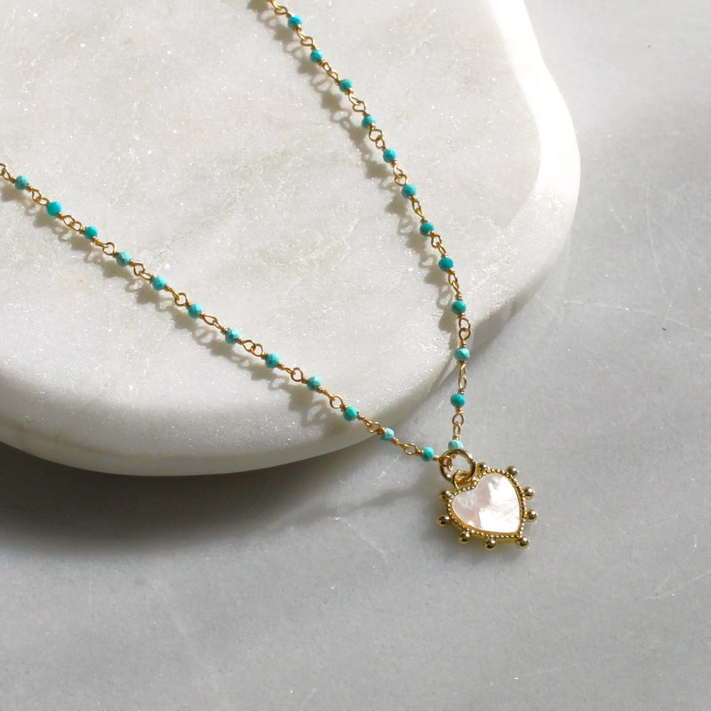 Turquoise Rosary and Heart Pendant Necklace