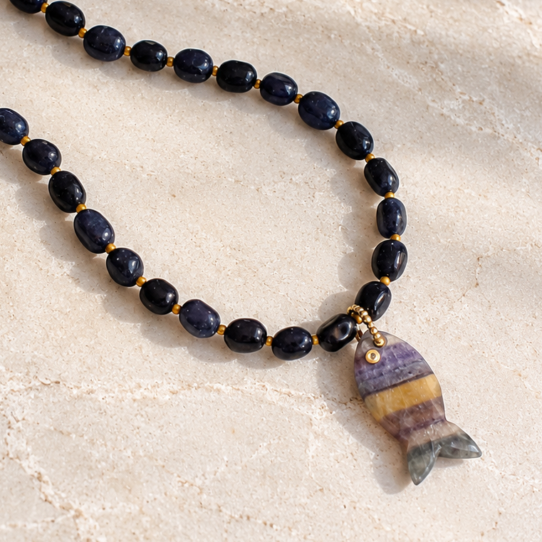 Indigo Blue Beaded Fish Pendant Necklace