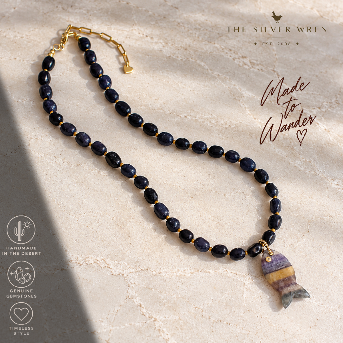 Indigo Blue Beaded Fish Pendant Necklace