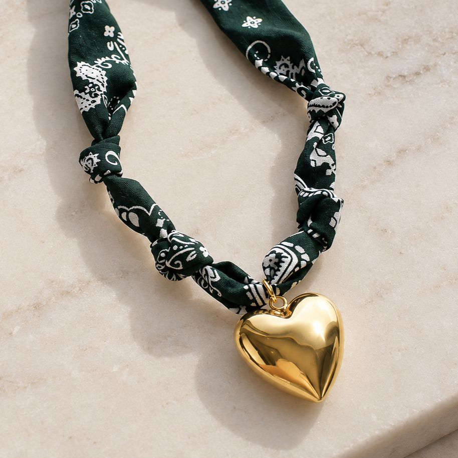 Forest Green Bandana Heart Necklace, Game Day Jewelry