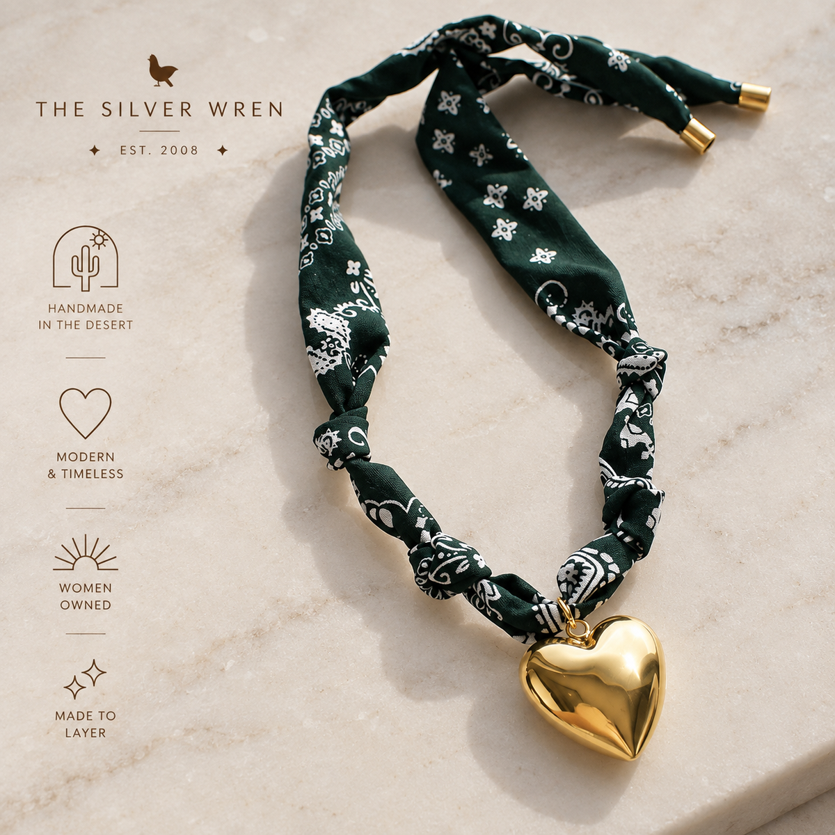 Forest Green Bandana Heart Necklace, Game Day Jewelry