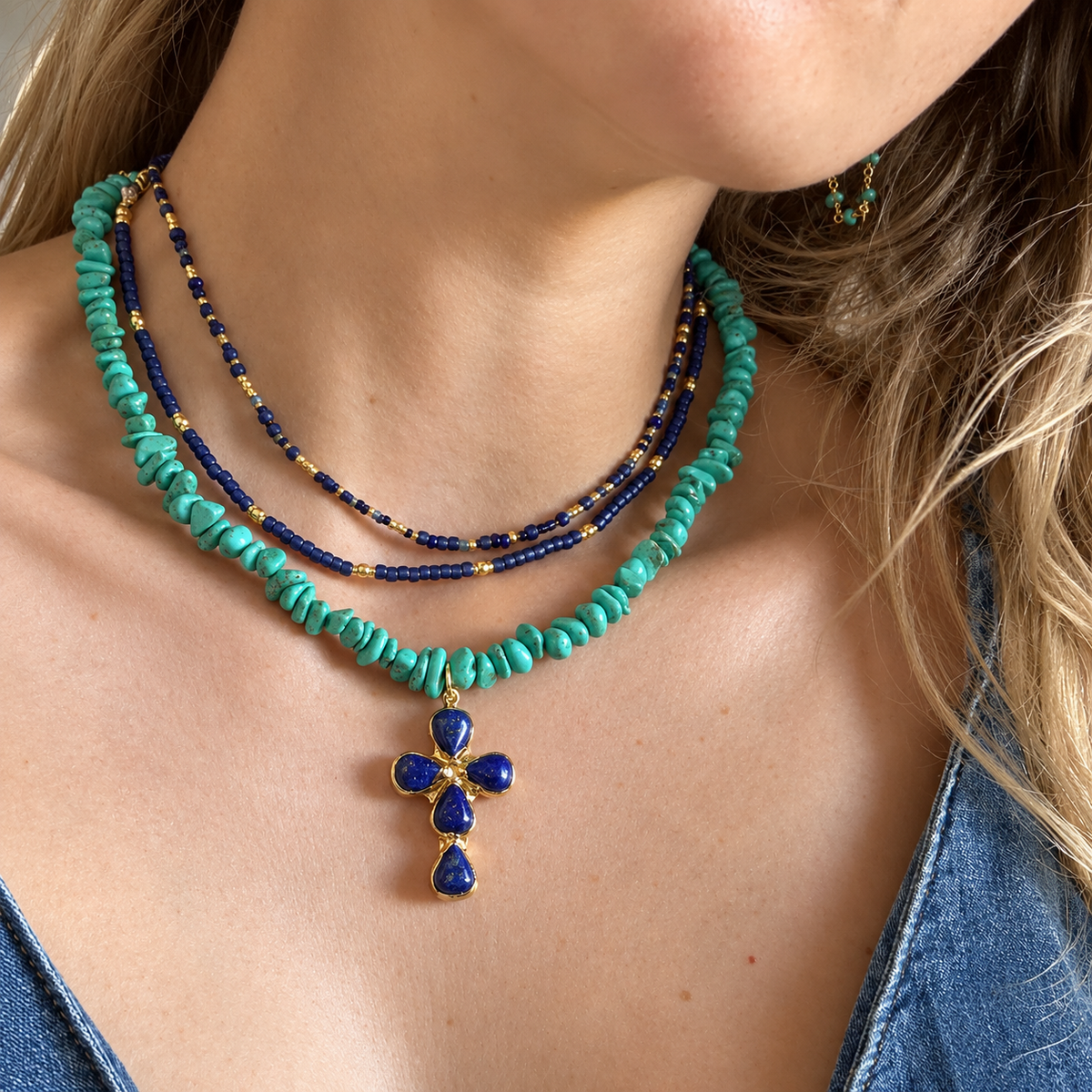 Lapis Cross Beaded Necklace