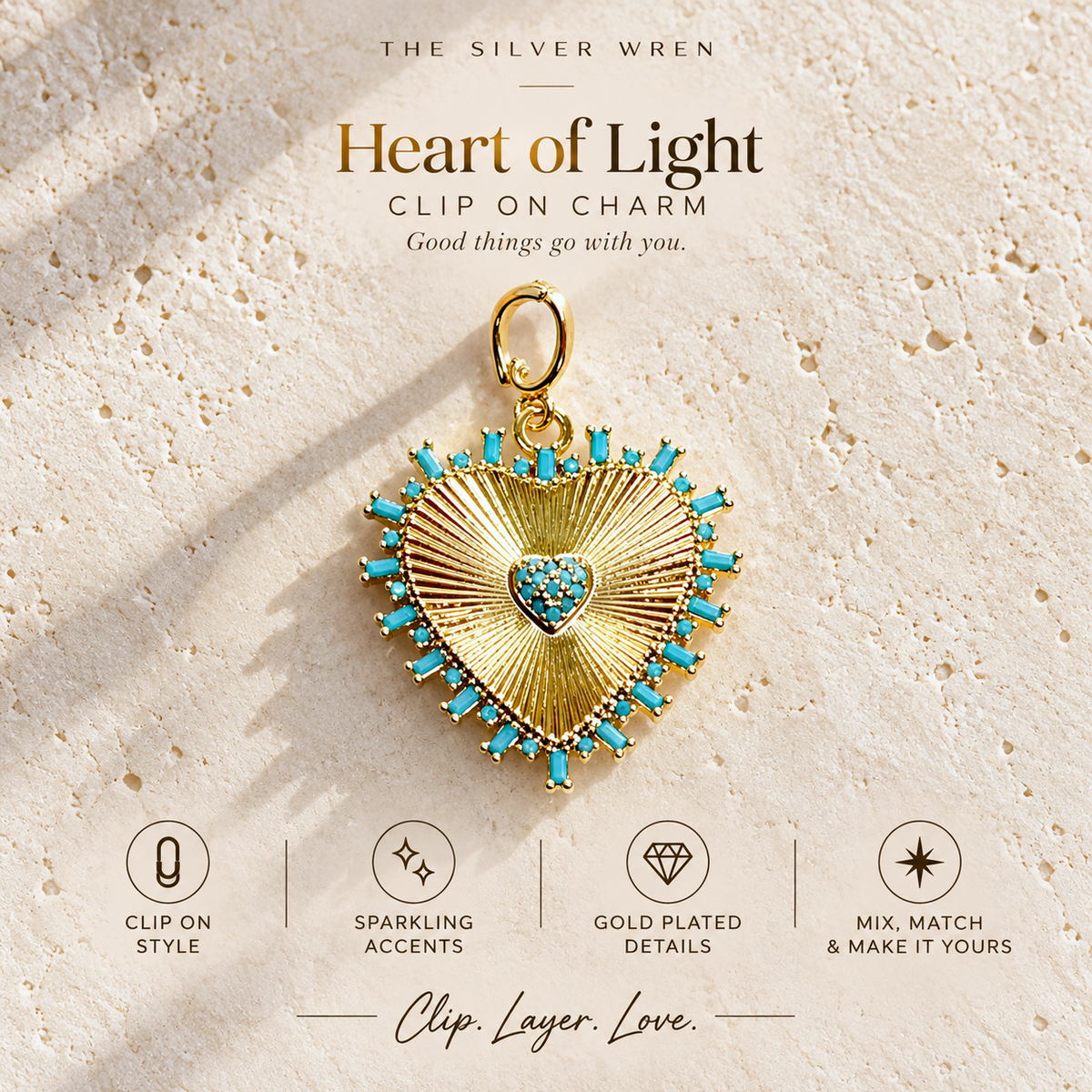 Turquoise Burst Heart Clip-On Charm -  Individual charms to add on